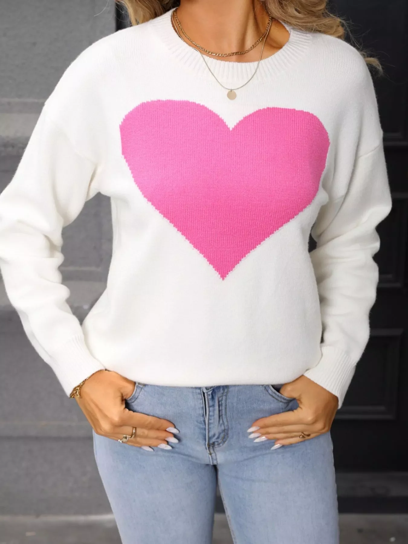 Valentine's Day Heart Round Neck Dropped Shoulder Sweater - Image 6