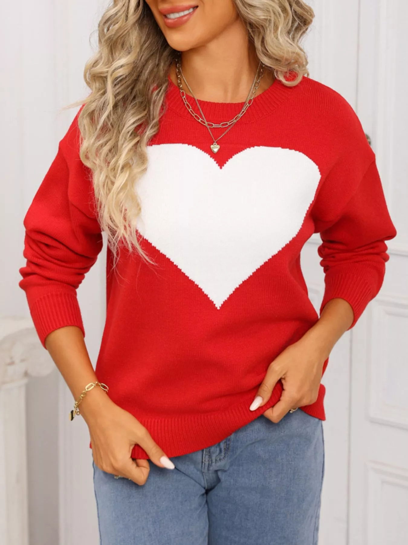Valentine's Day Heart Round Neck Dropped Shoulder Sweater - Image 8