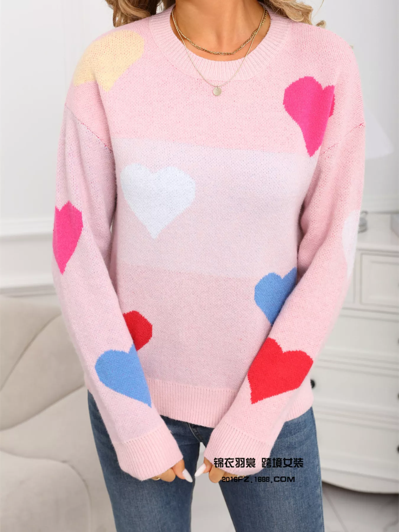 Valentine's Day Heart Round Neck Dropped Shoulder Sweater - Image 2