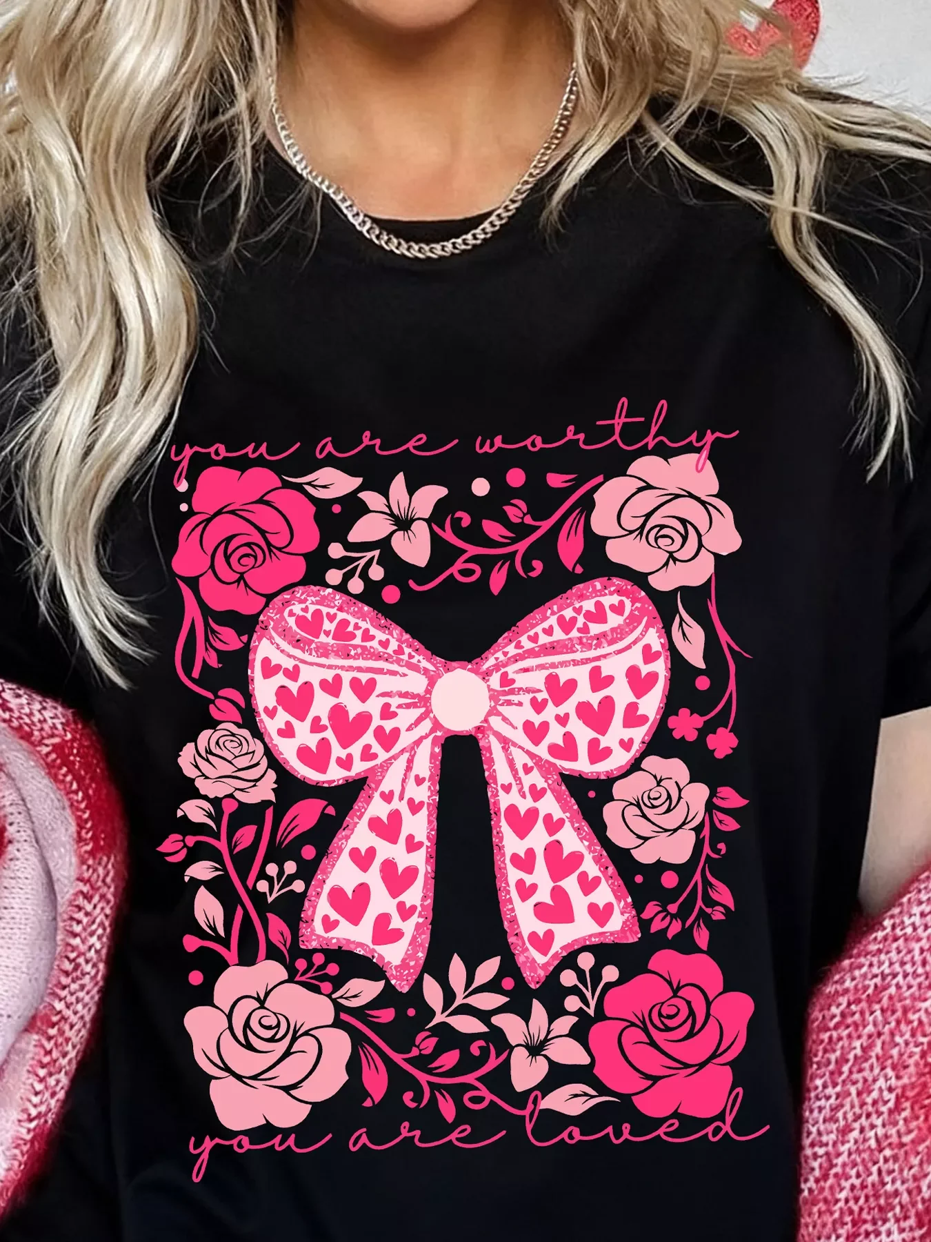 Valentines Day Slogan Floral and Bow T Shirt - Image 4