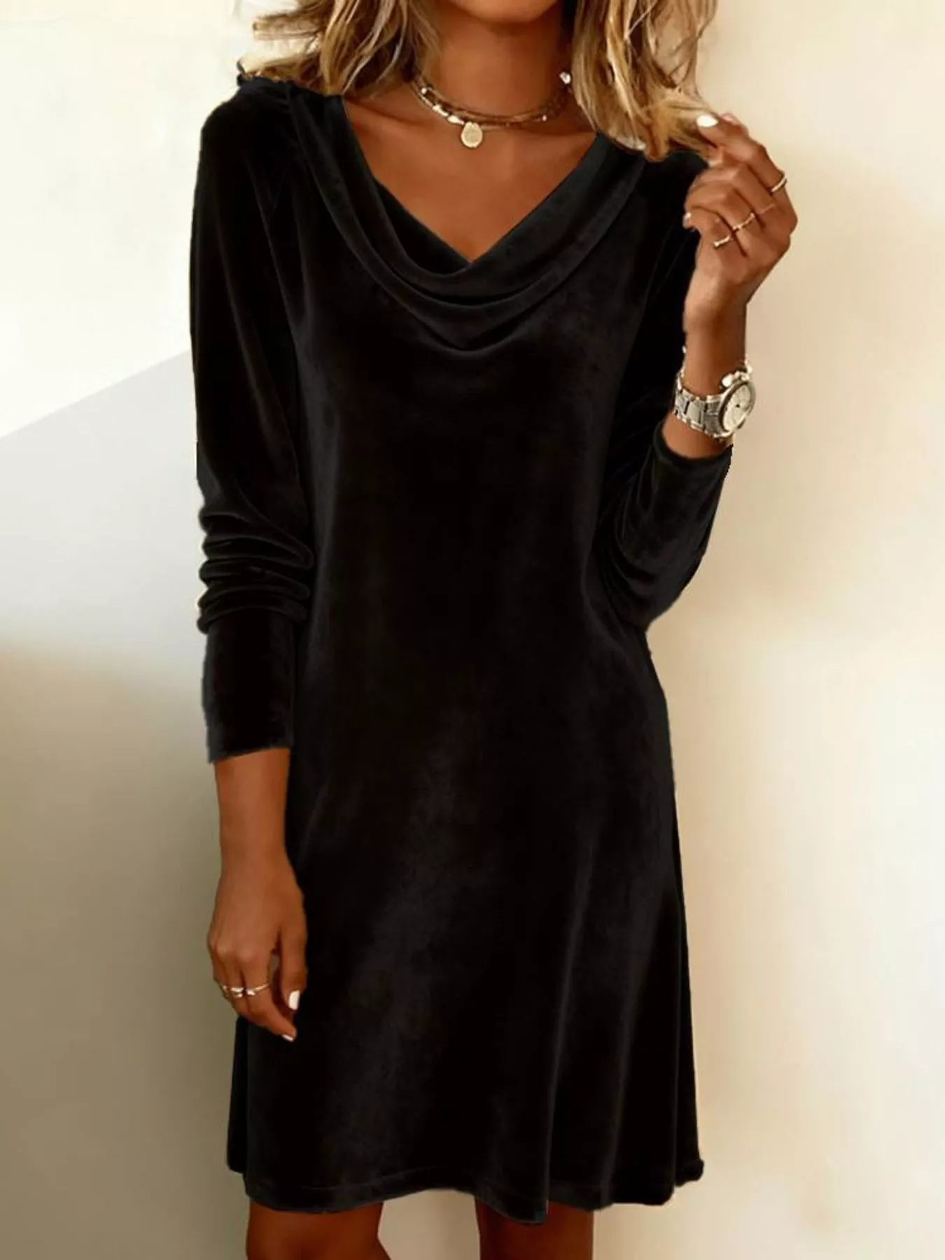 Velvet Cowl Neck Long Sleeve Mini Dress - Image 19