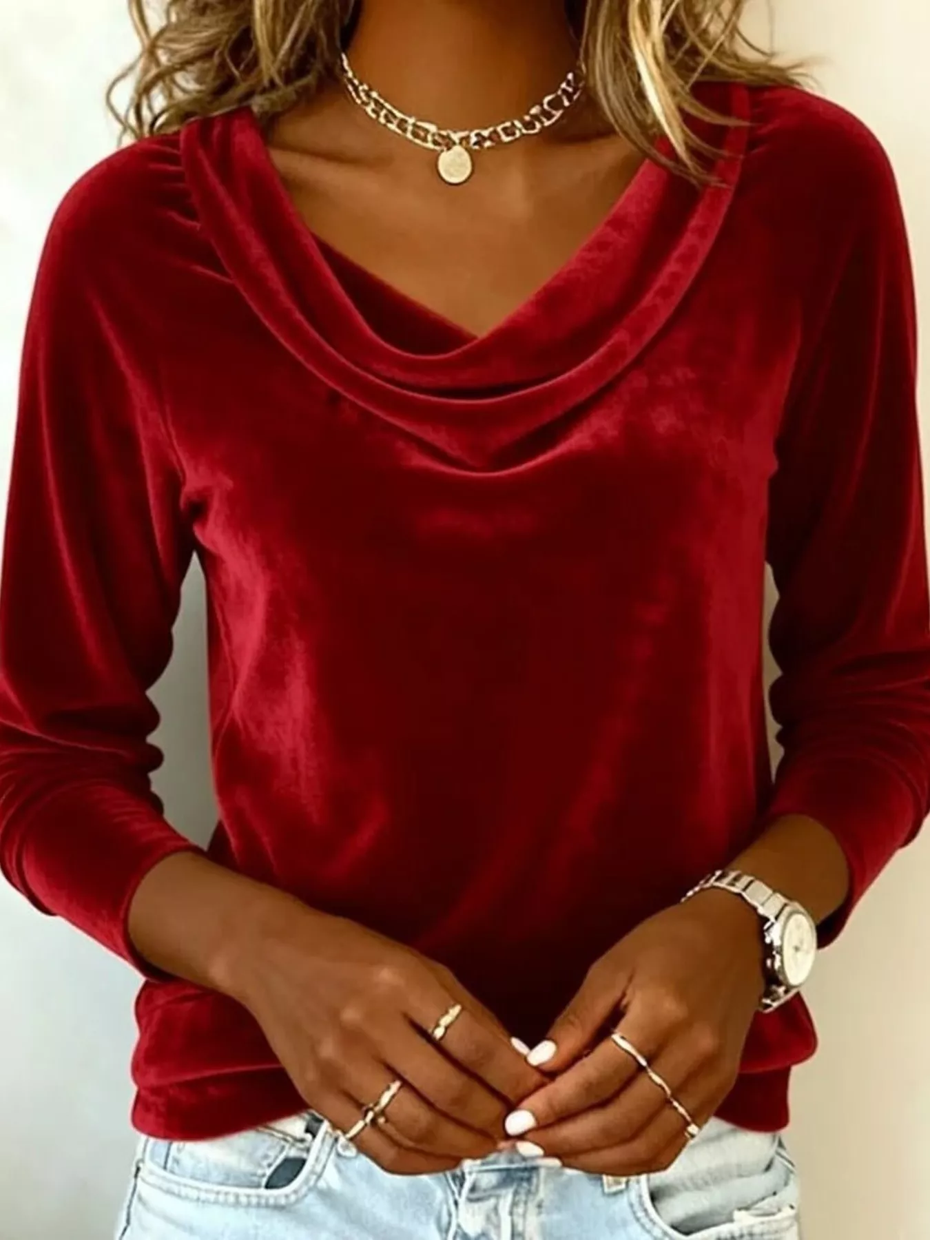 Velvet Cowl Neck Long Sleeve T-Shirt - Image 10
