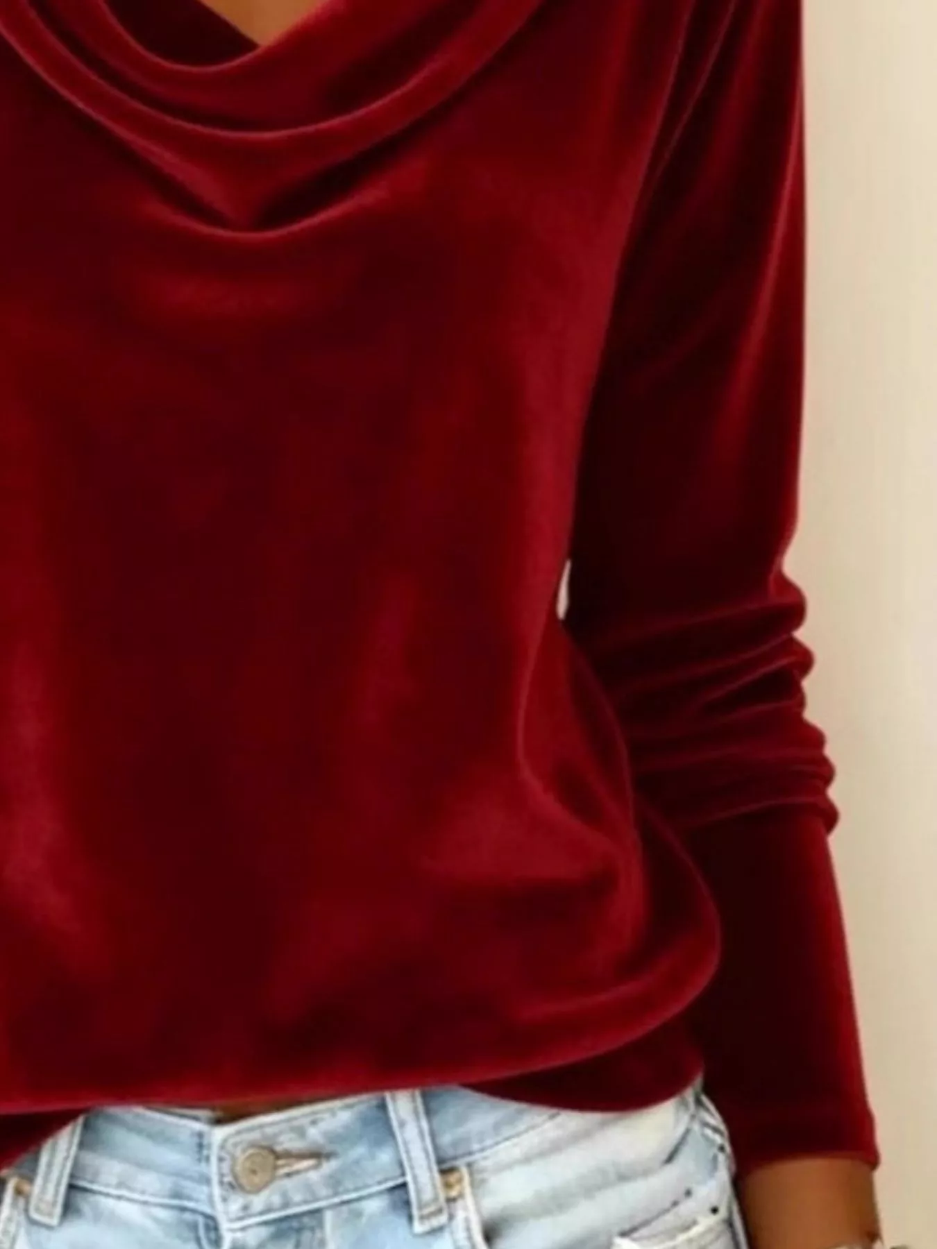 Velvet Cowl Neck Long Sleeve T-Shirt - Image 12