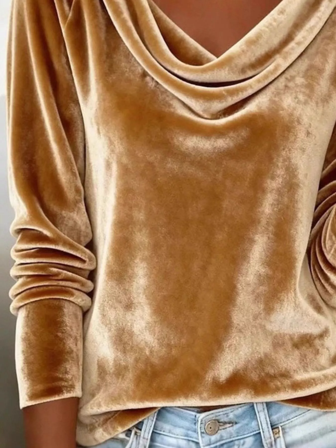 Velvet Cowl Neck Long Sleeve T-Shirt - Image 3