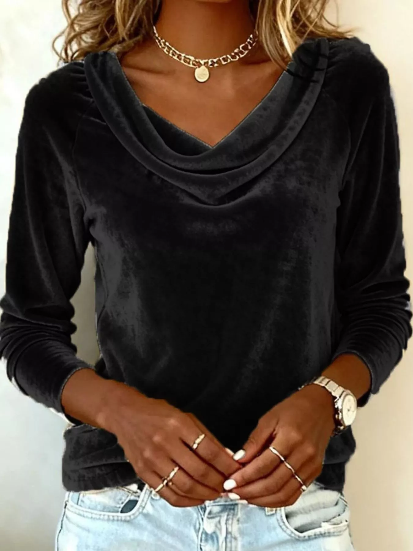 Velvet Cowl Neck Long Sleeve Top - Image 9