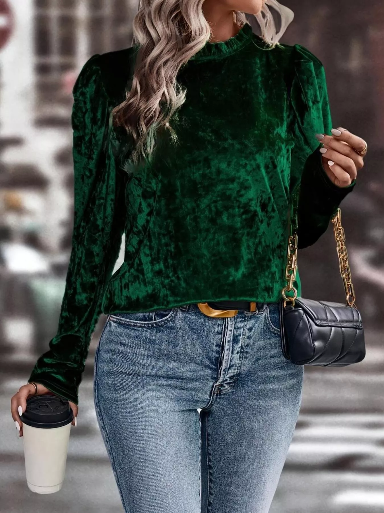 Velvet Frill Mock Neck Puff Sleeve Top - Image 8