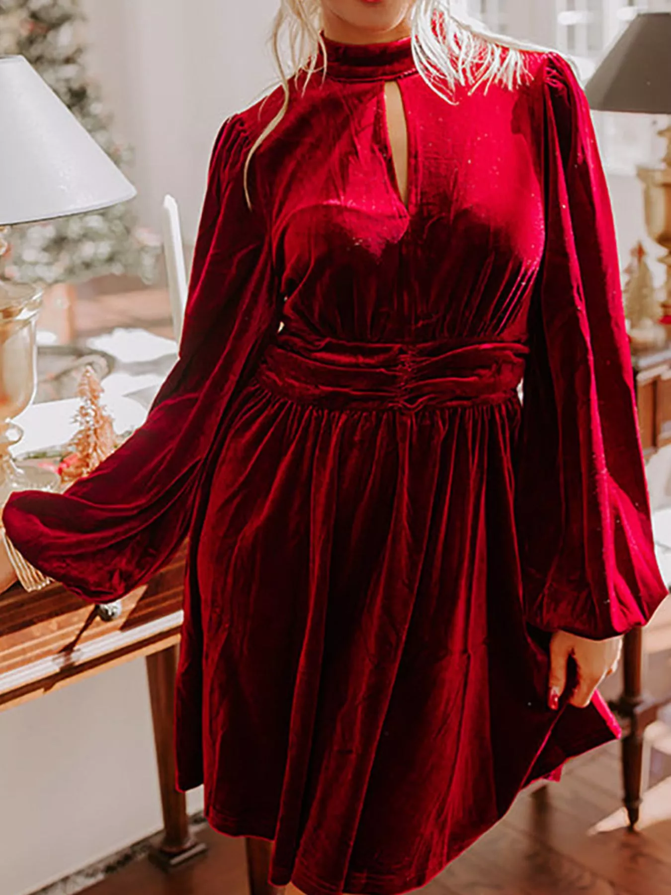 Velvet Mock Neck Balloon Sleeve Dress - Image 10