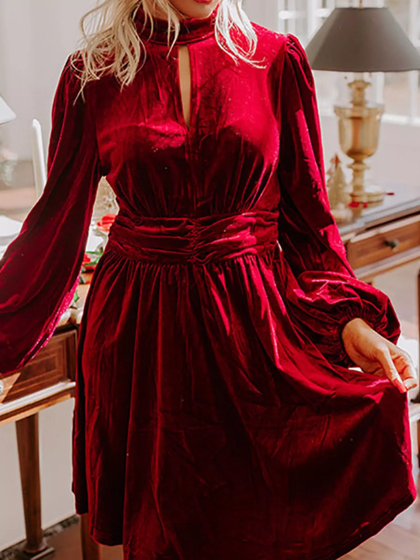 Velvet Mock Neck Balloon Sleeve Dress - Image 11
