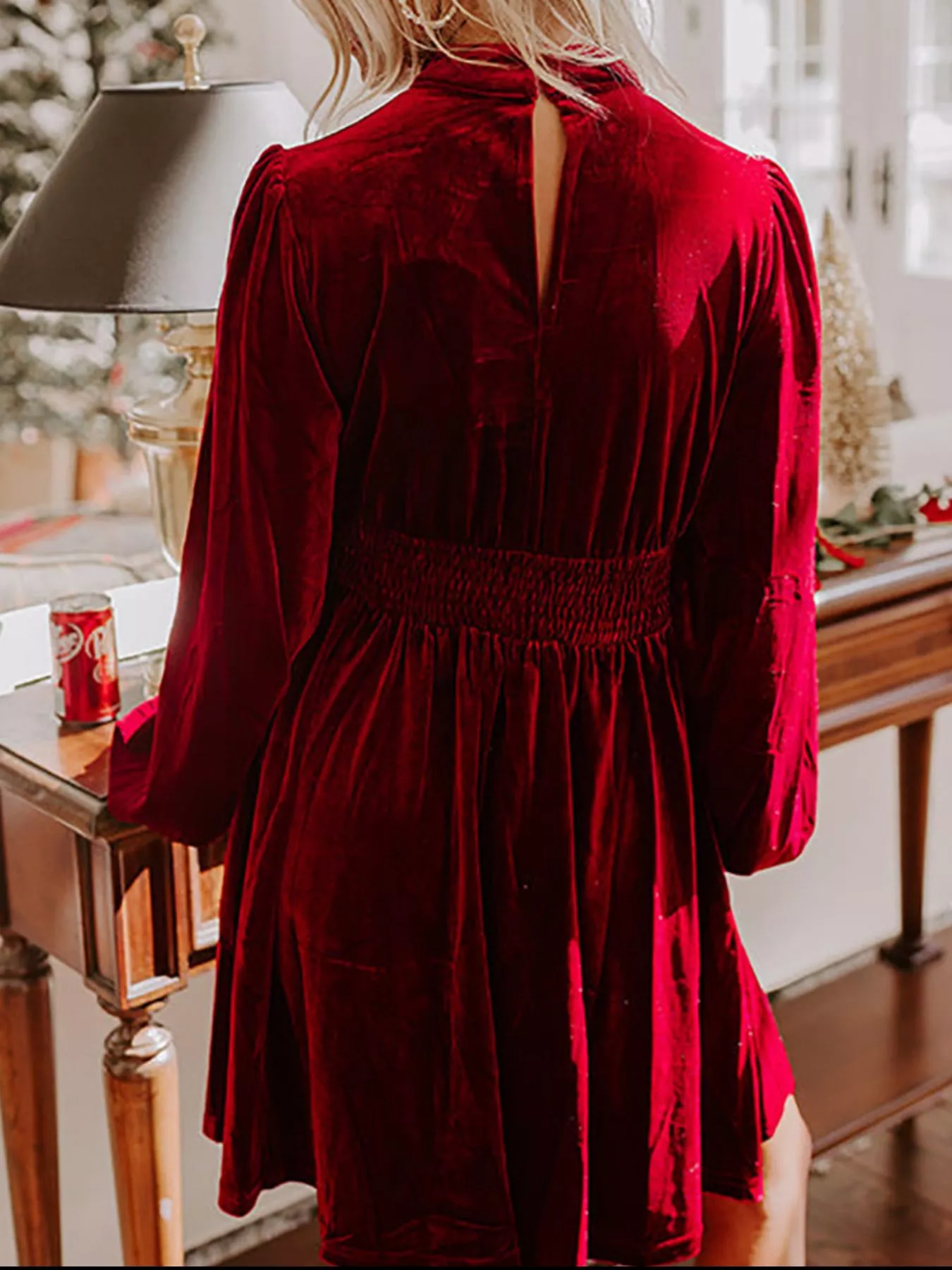 Velvet Mock Neck Balloon Sleeve Dress - Image 12