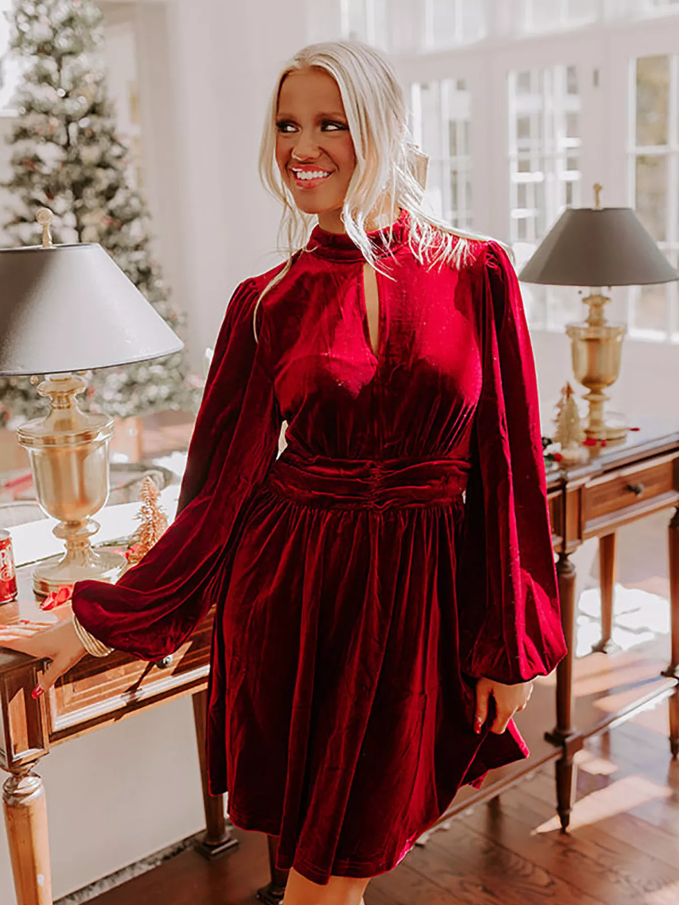 Velvet Mock Neck Balloon Sleeve Dress - Image 15