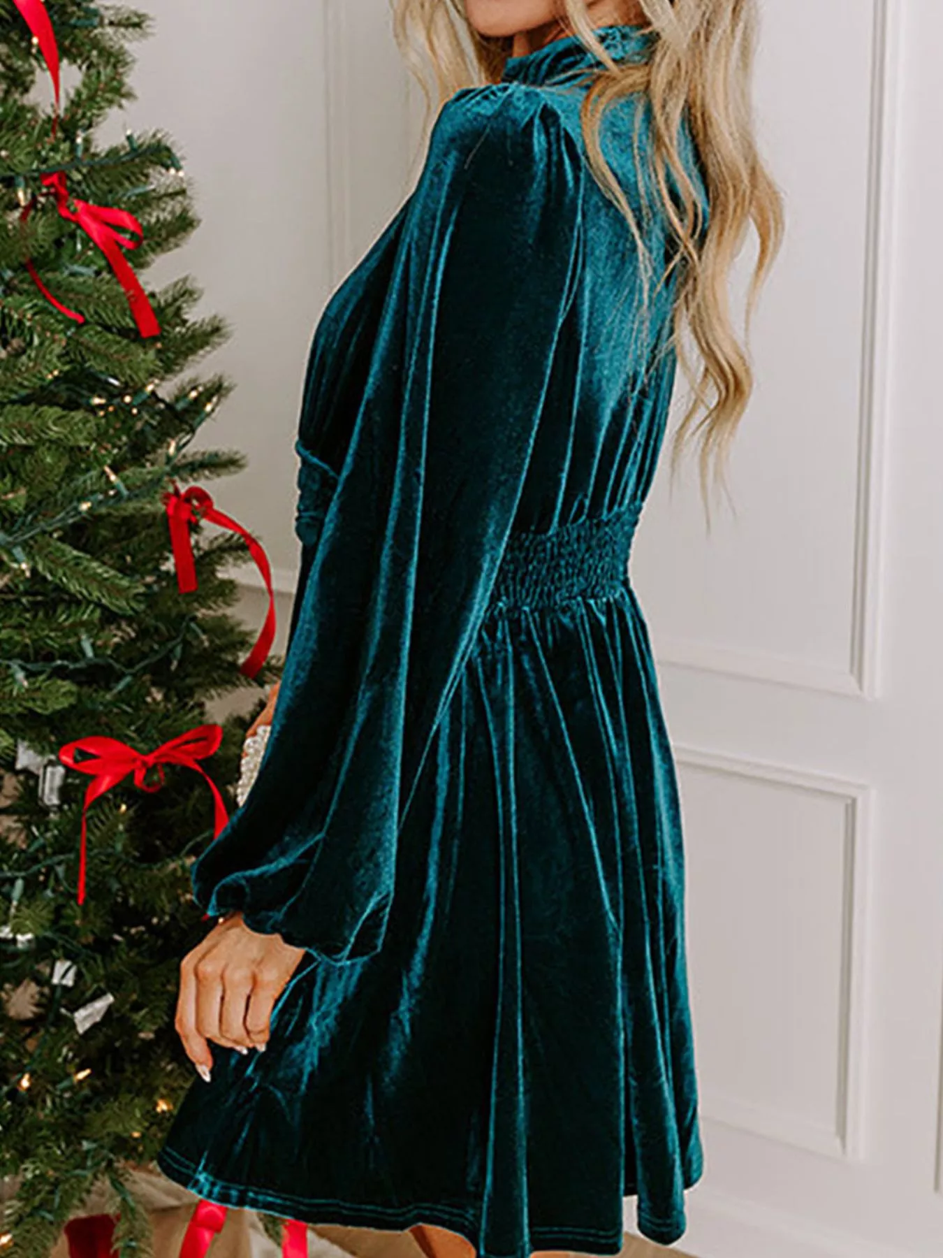 Velvet Mock Neck Balloon Sleeve Dress - Image 3