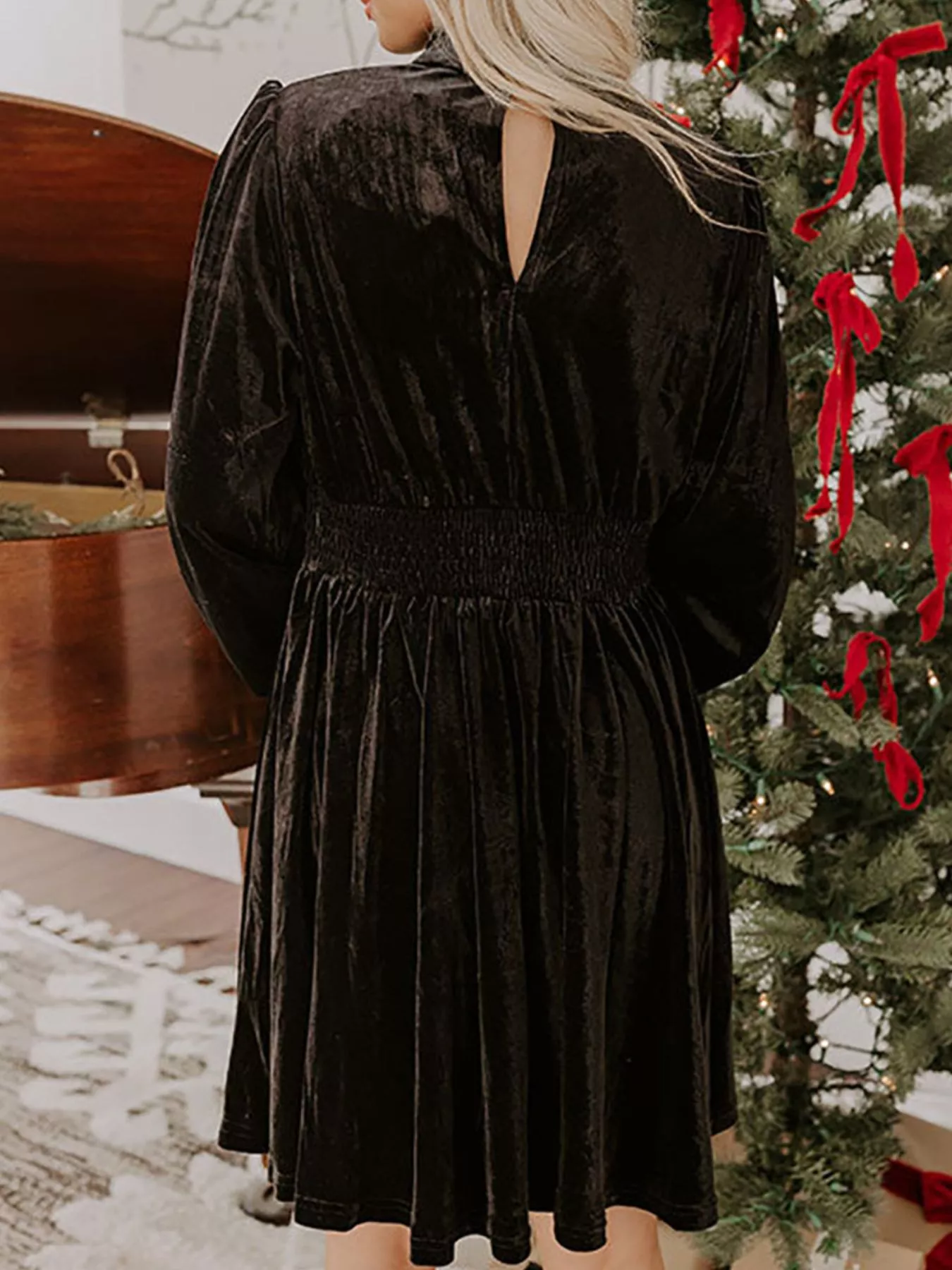 Velvet Mock Neck Balloon Sleeve Dress - Image 8