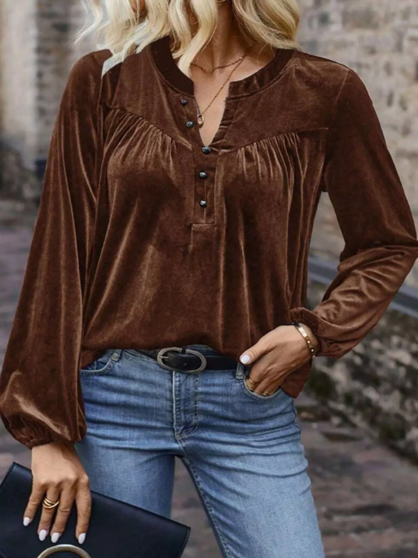 Velvet Notched Long Sleeve Blouse - Image 6