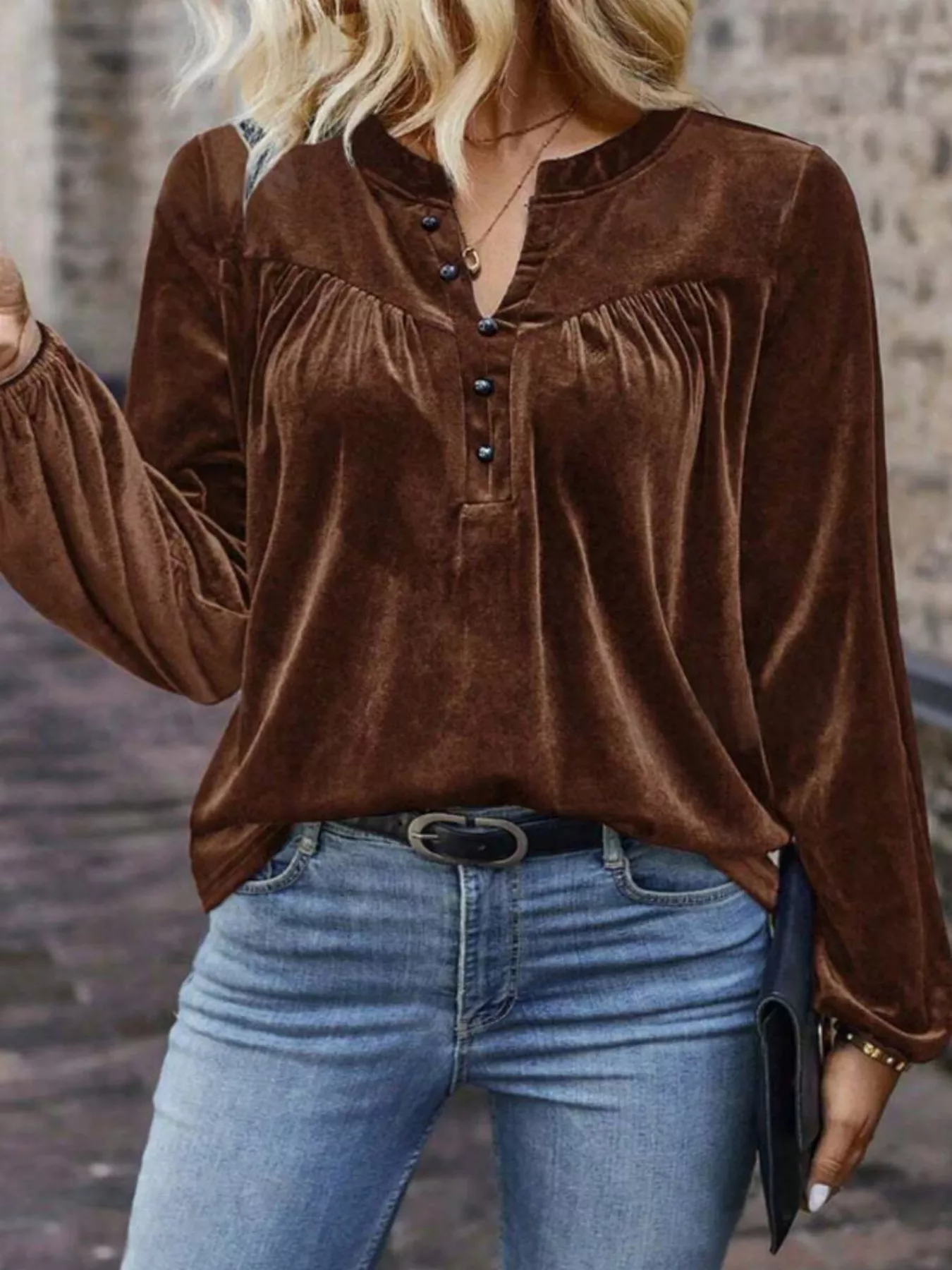 Velvet Notched Long Sleeve Blouse - Image 9