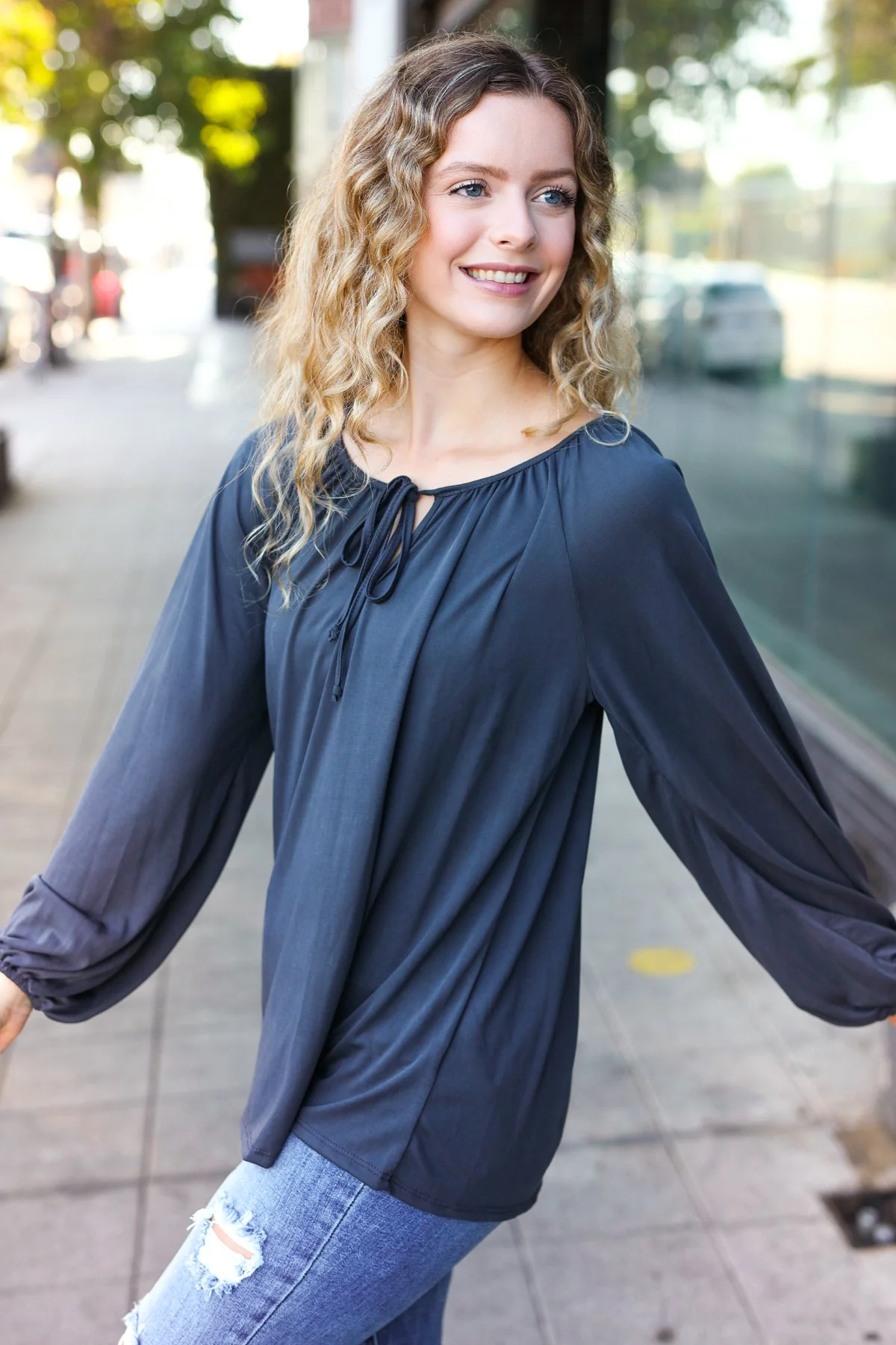 Versatile Charcoal Front Tie Modal Knit Peasant Top - Image 20