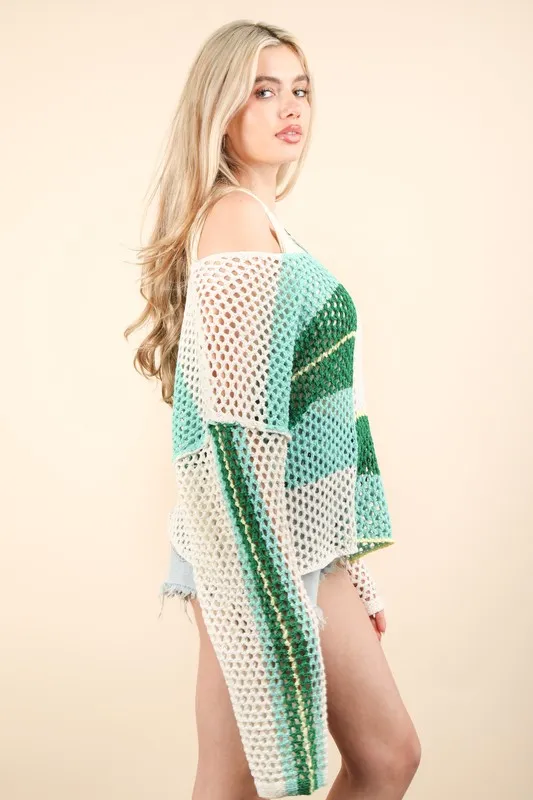 VERY J Color Block Oversized Summer Knit Cover Up - Image 3