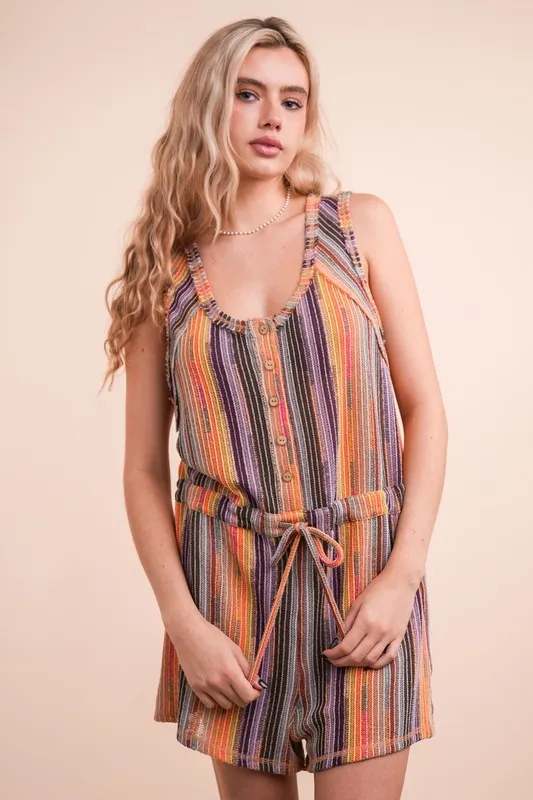 VERY J Crochet Multi Color Striped Casual Summer Romper