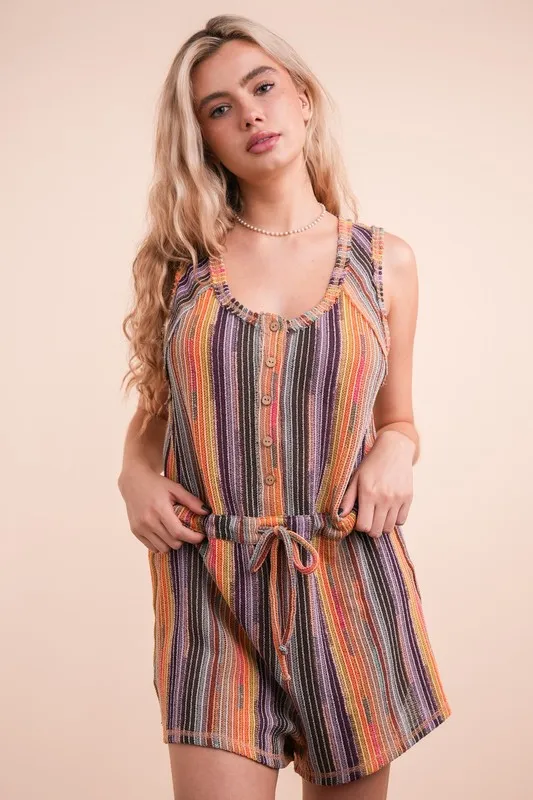 VERY J Crochet Multi Color Striped Casual Summer Romper - Image 3