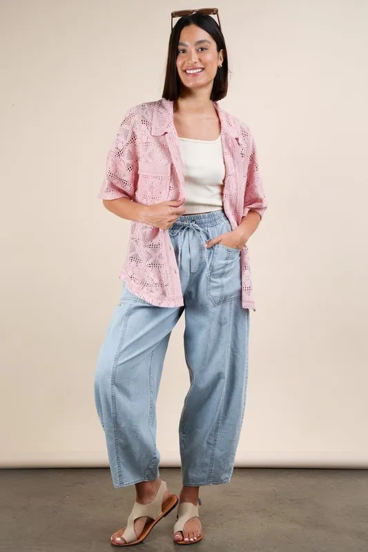 VERY J Plus Size Oversized Crochet Button Down Shirt Top - Image 8