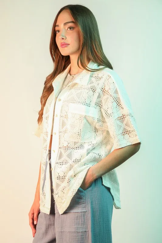 VERY J Plus Size Oversized Crochet Button Down Shirt Top - Image 2