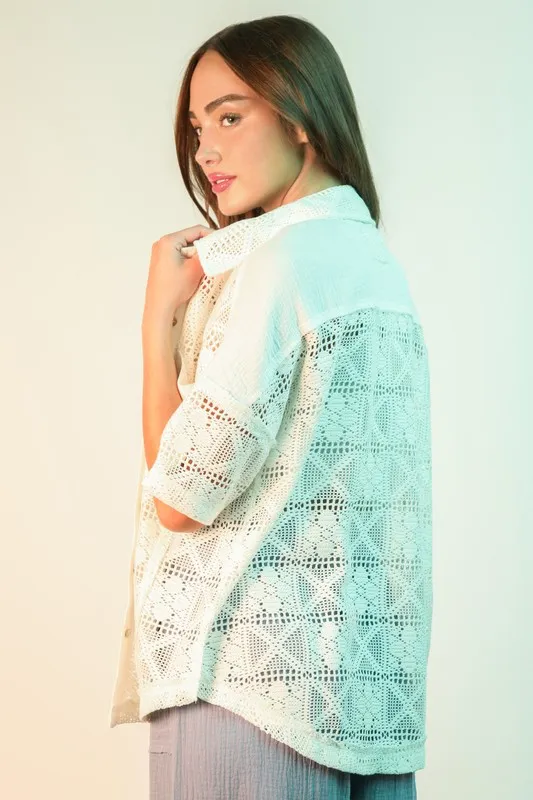 VERY J Plus Size Oversized Crochet Button Down Shirt Top - Image 3