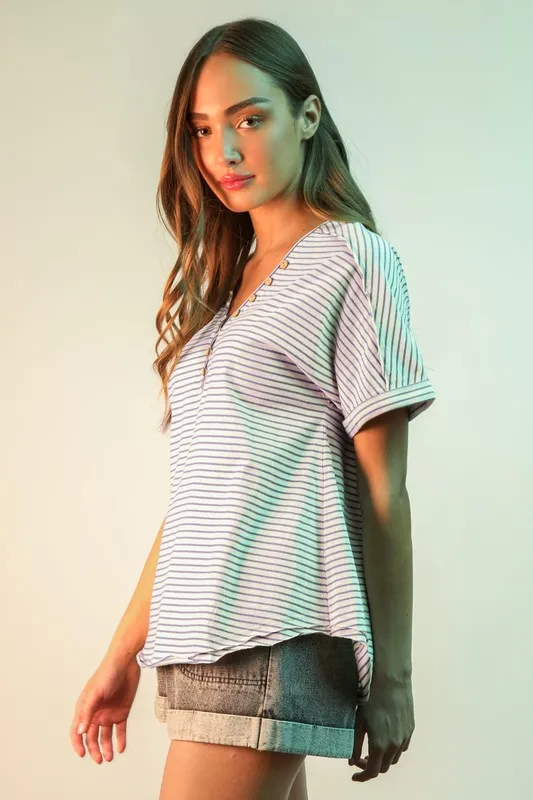 VERY J Striped V-Neck Short Sleeve T-Shirt - Image 2