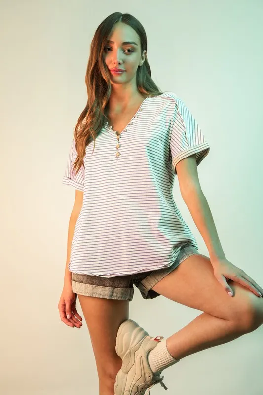 VERY J Striped V-Neck Short Sleeve T-Shirt - Image 4