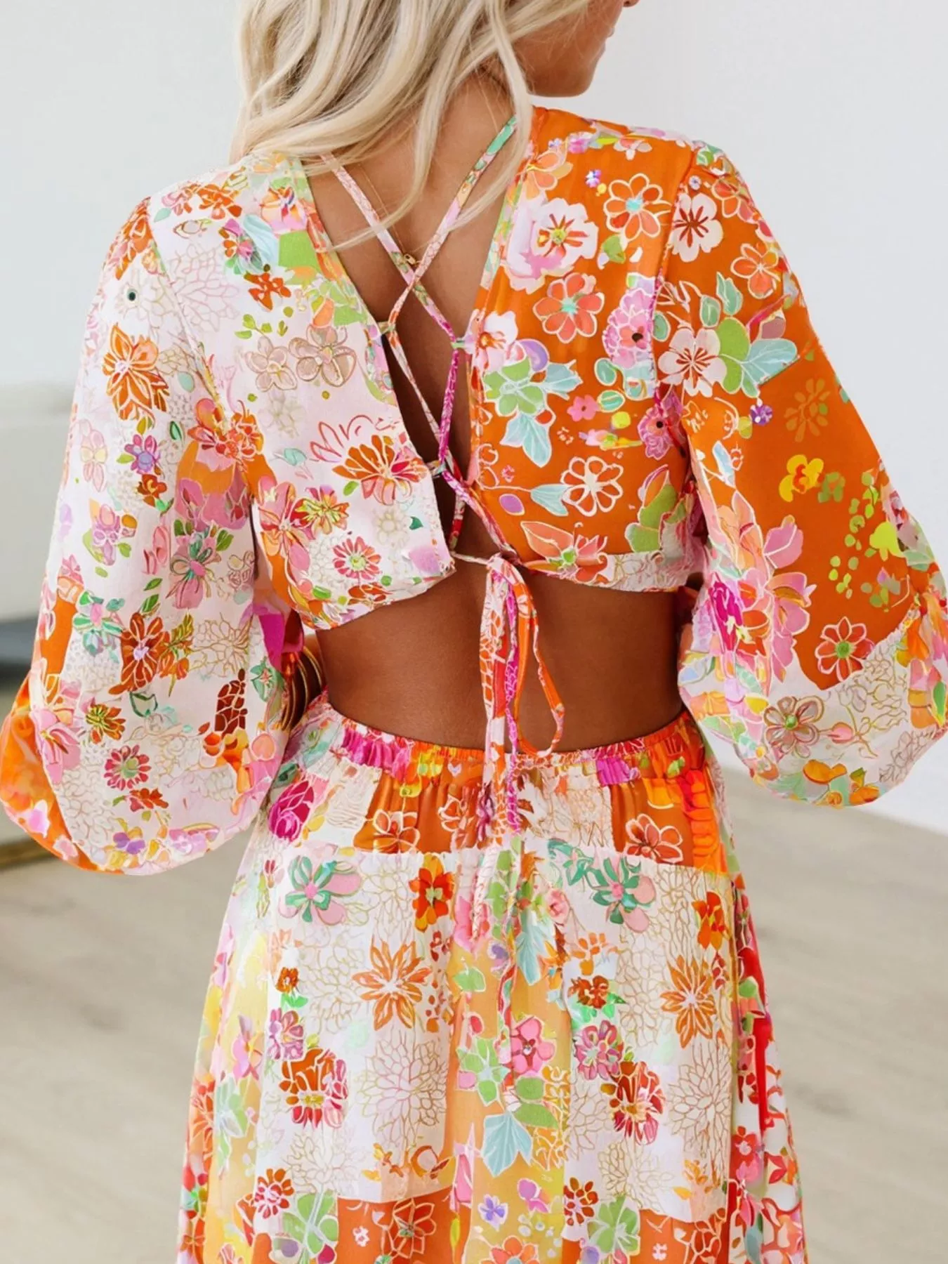 Vibrant Floral Long Sleeve Dress with Lace-Up Back - Image 2