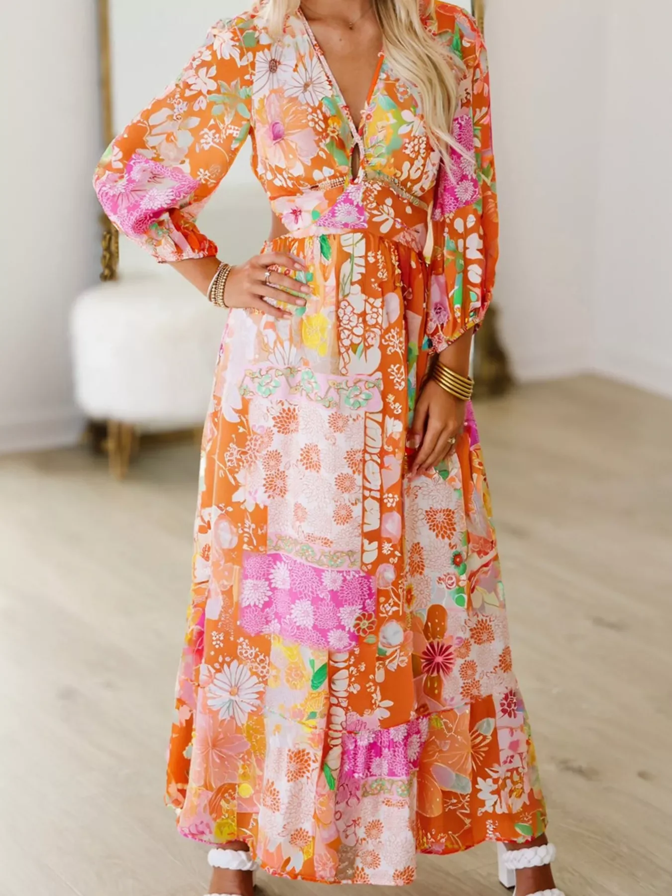 Vibrant Floral Long Sleeve Dress with Lace-Up Back - Image 3