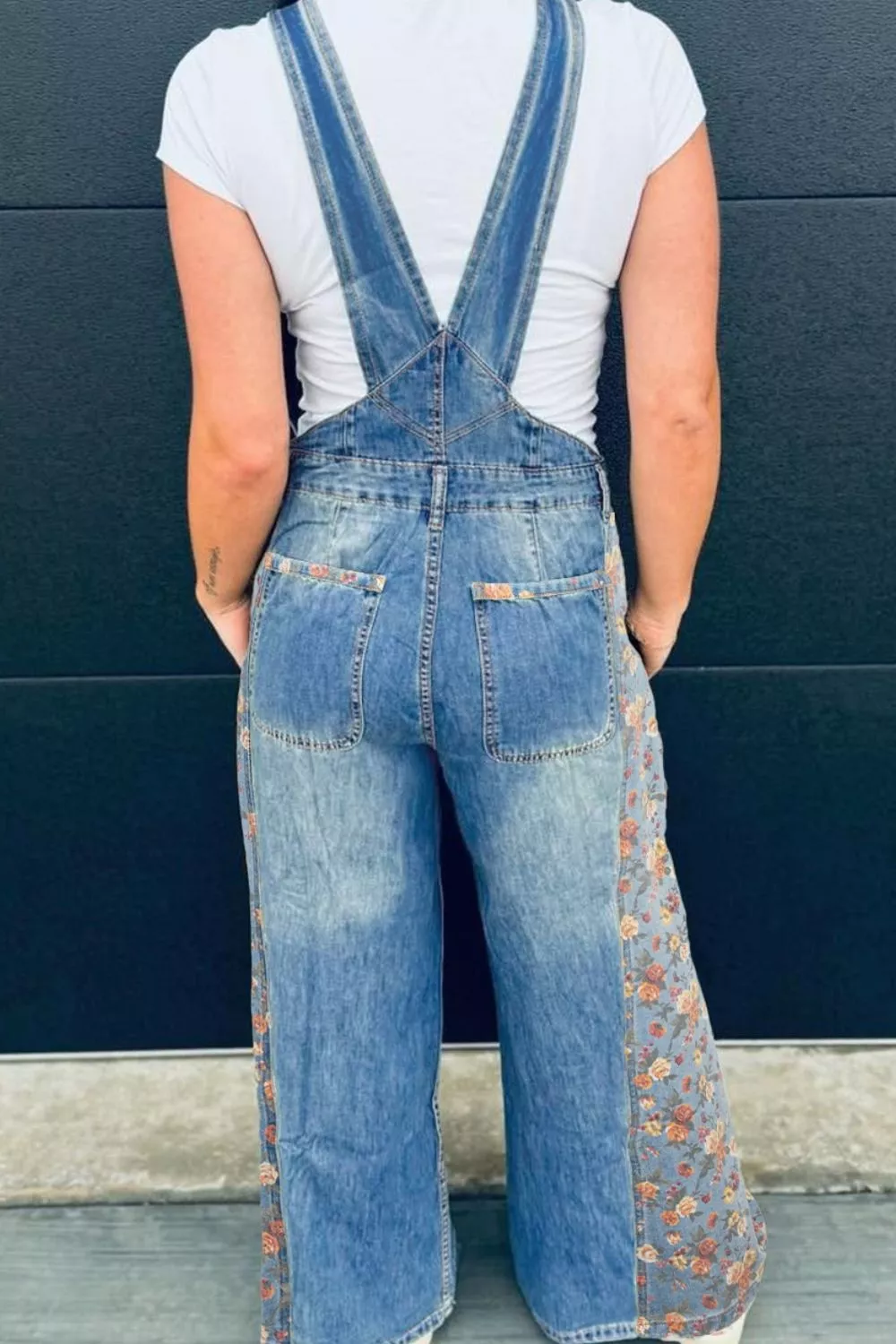 Vintage Rose Printed Pleated Loose Denim Overall - Image 3