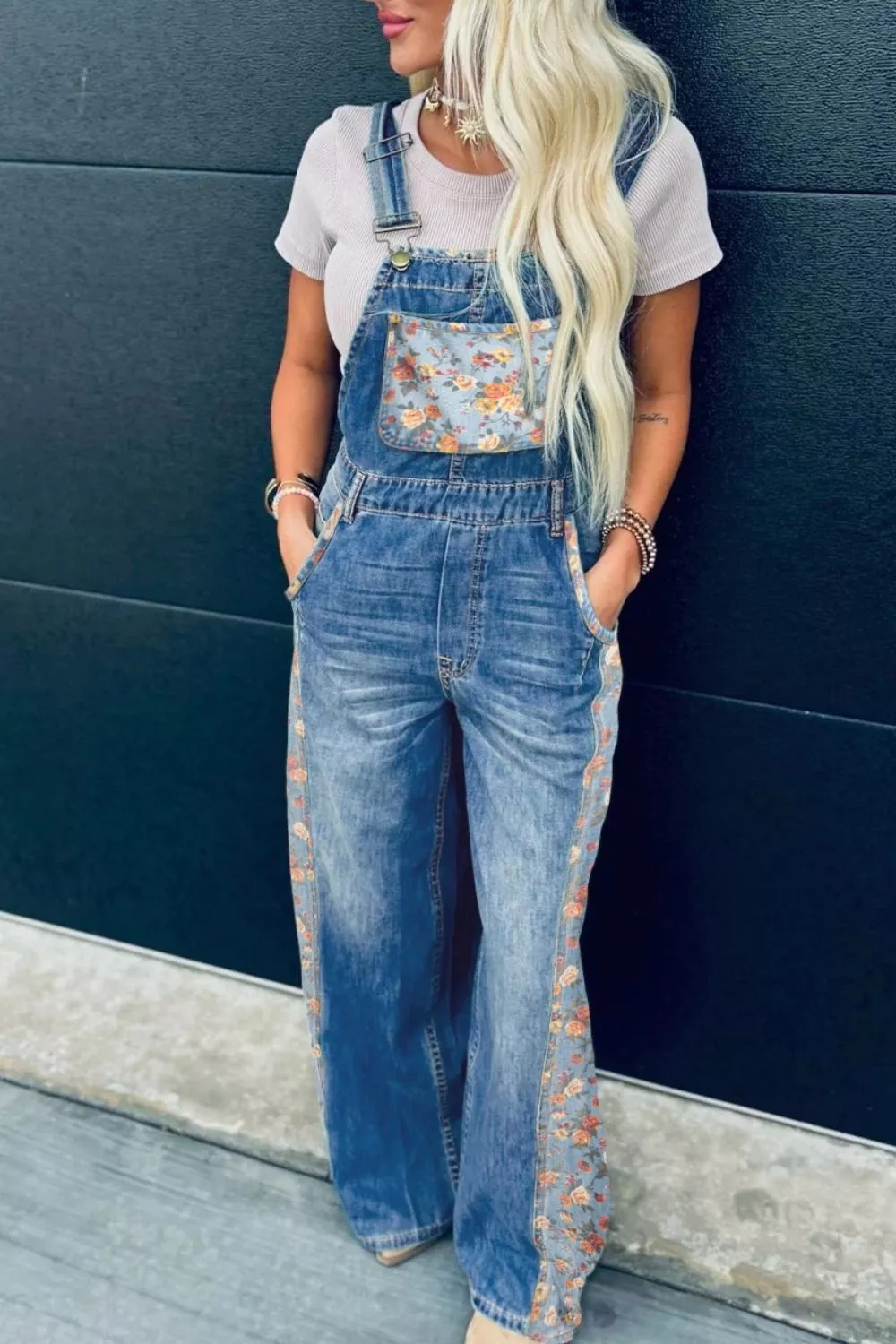 Vintage Rose Printed Pleated Loose Denim Overall - Image 4