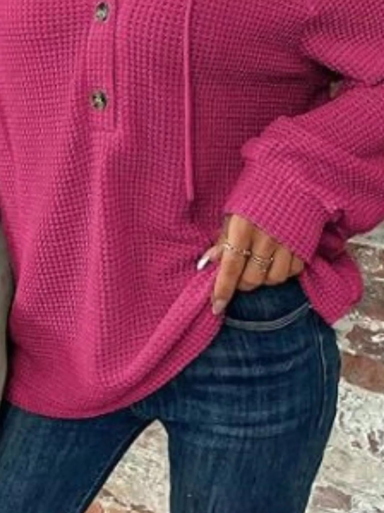 Waffle Knit Button Detail Hoodie - Image 26