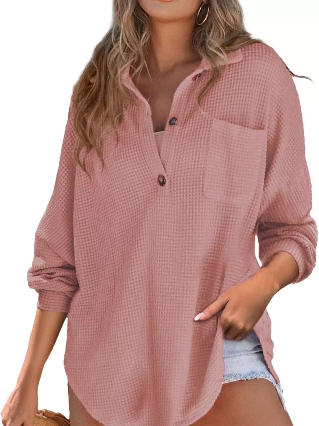 Waffle Knit Button Detail T-Shirt with Pocket - Image 13