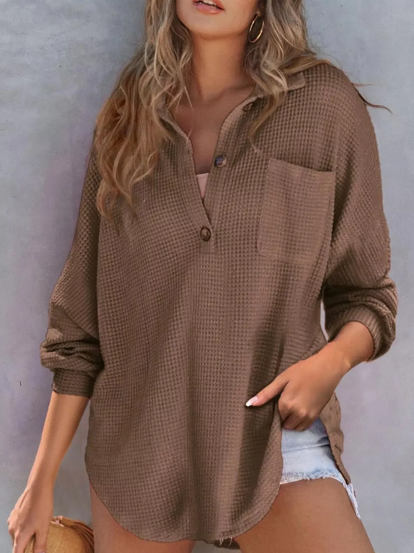 Waffle Knit Button Detail T-Shirt with Pocket - Image 14