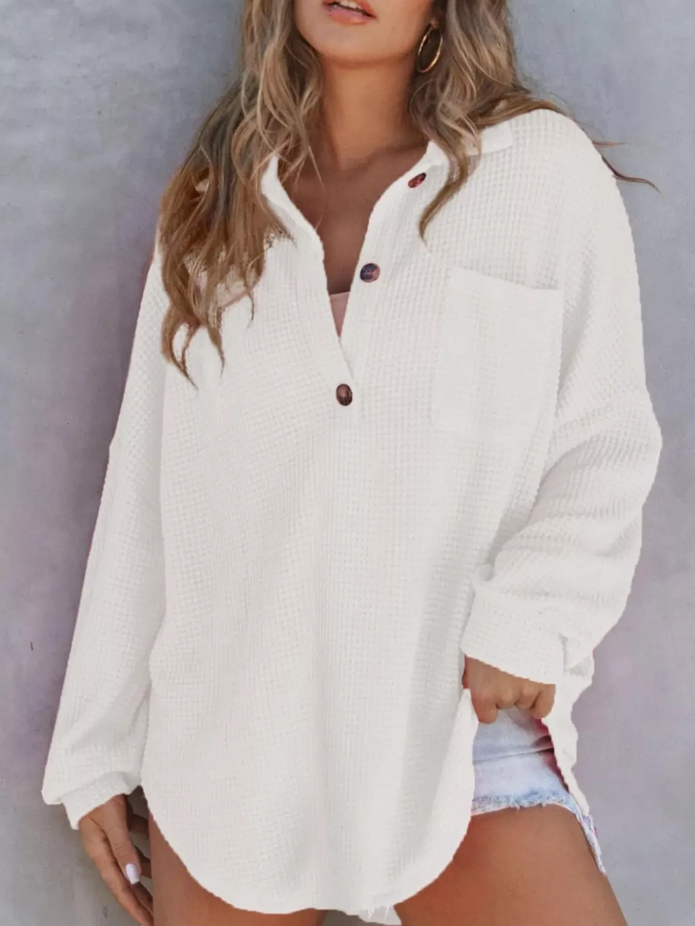 Waffle Knit Button Detail T-Shirt with Pocket - Image 19