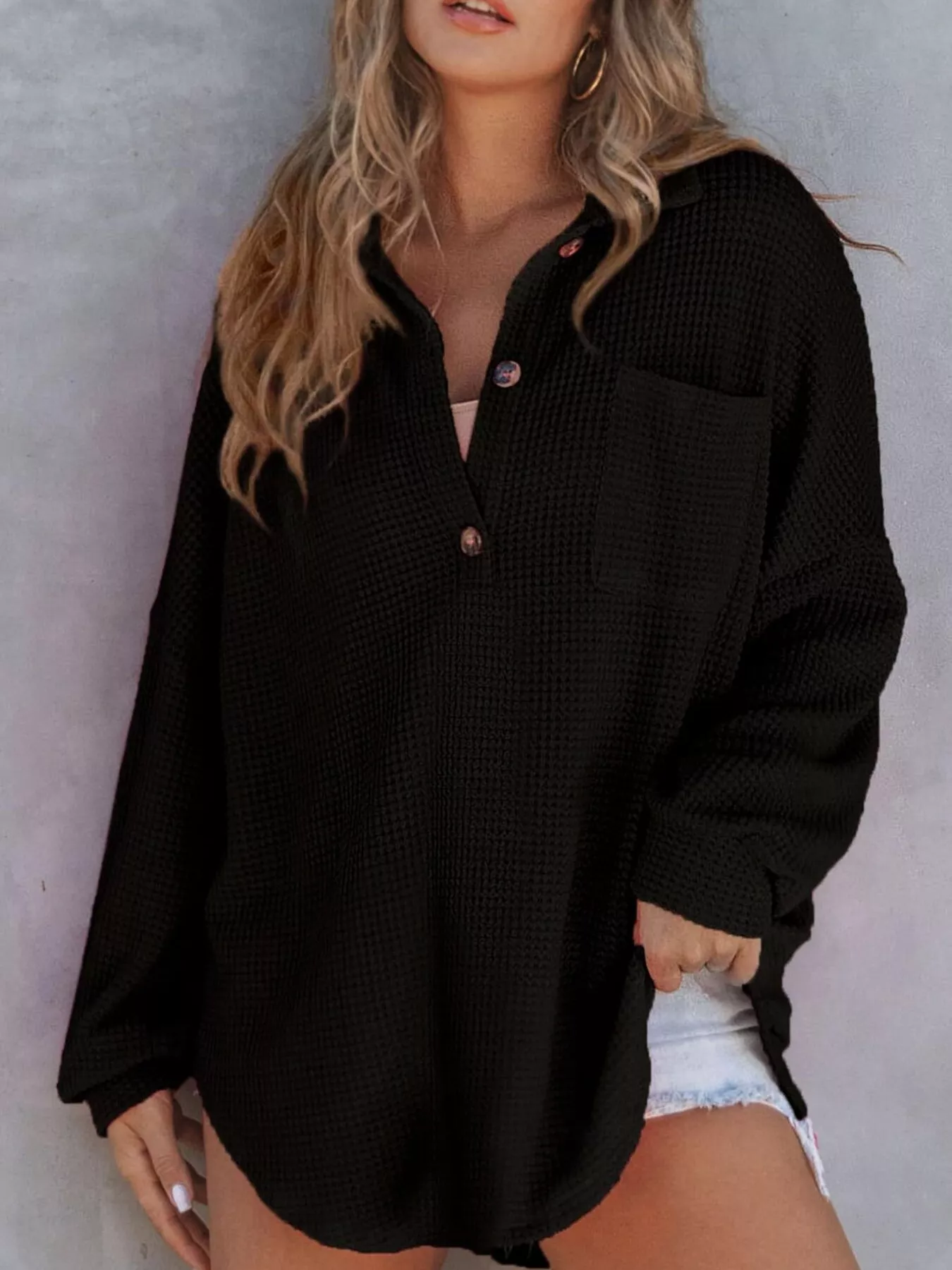 Waffle Knit Button Detail T-Shirt with Pocket - Image 3