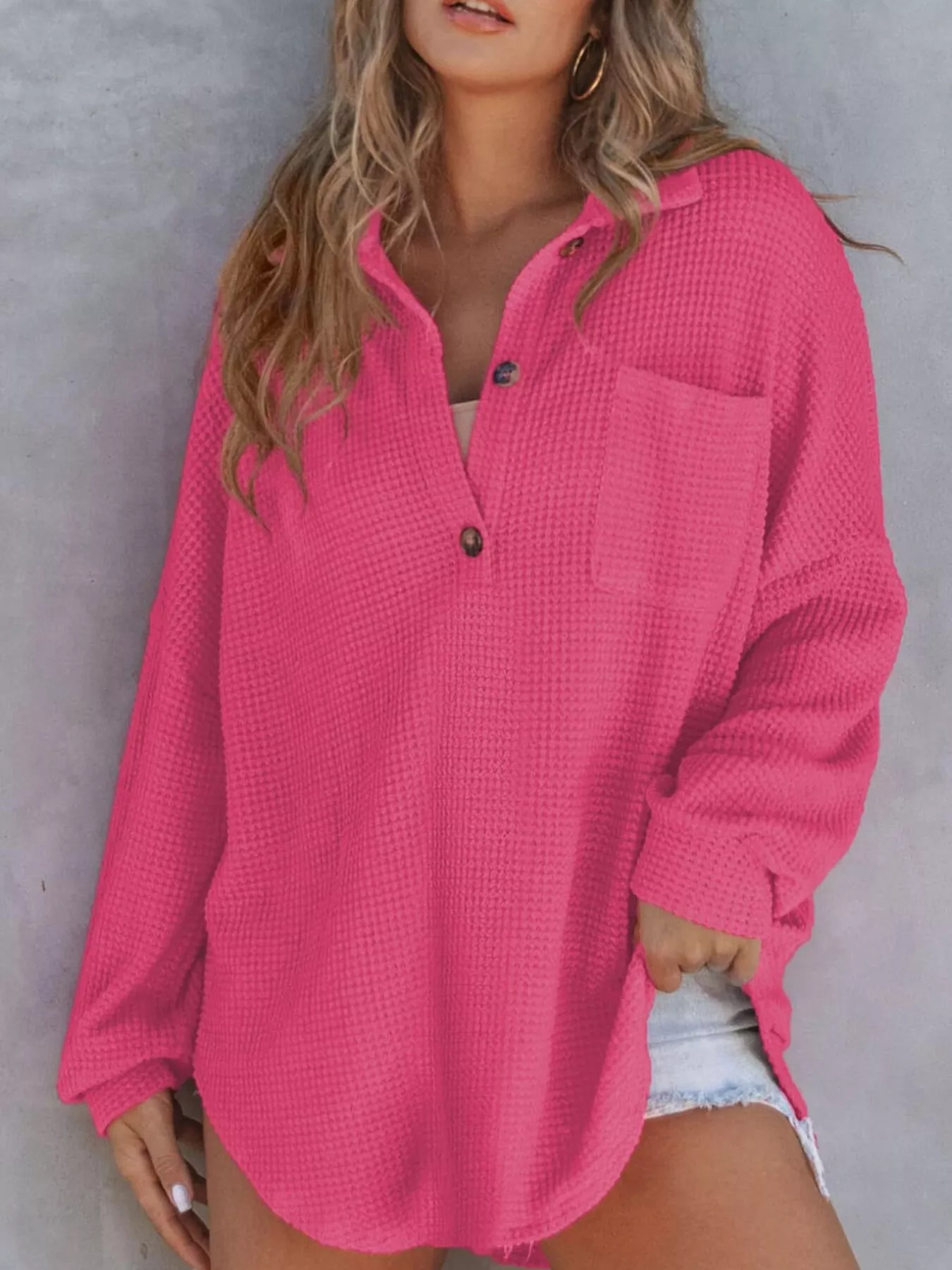 Waffle Knit Button Detail T-Shirt with Pocket - Image 5