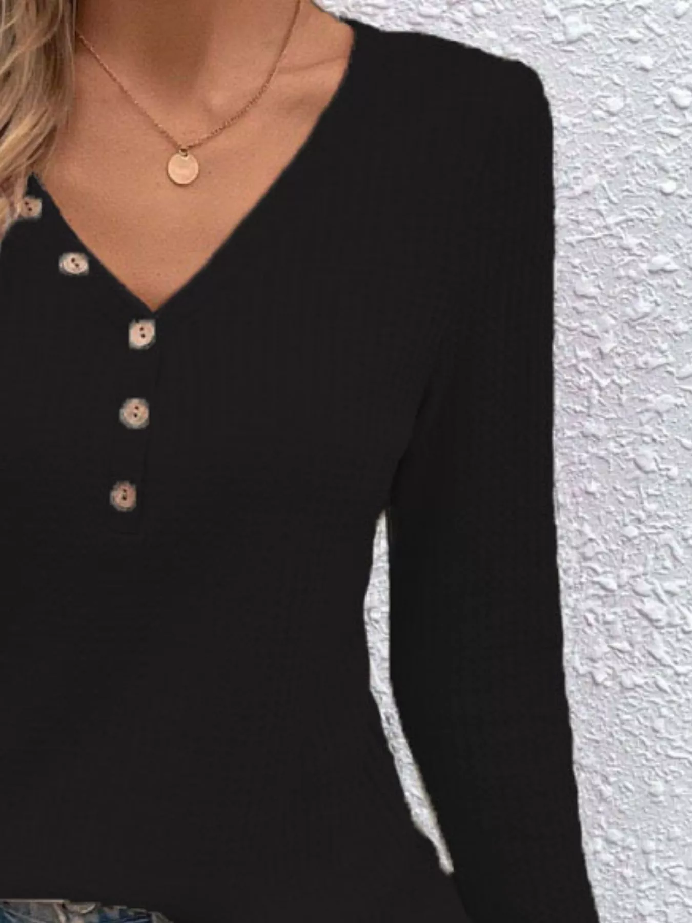 Waffle Knit Button-Detail V-Neck T-Shirt - Image 9