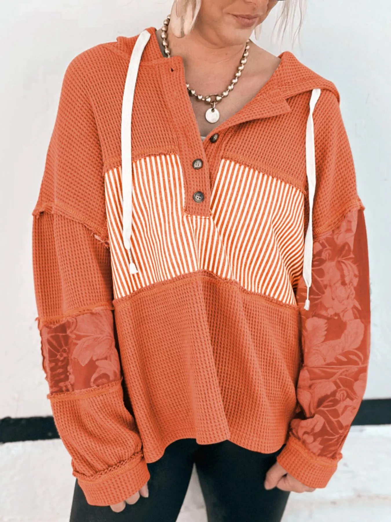 Waffle Knit Color Block Striped Drawstring Hoodie - Image 2