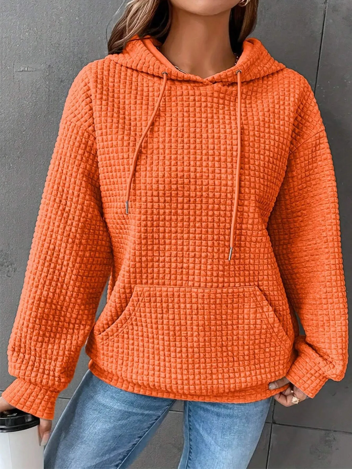 Waffle Knit Drawstring Long Sleeve Hoodie - Image 2