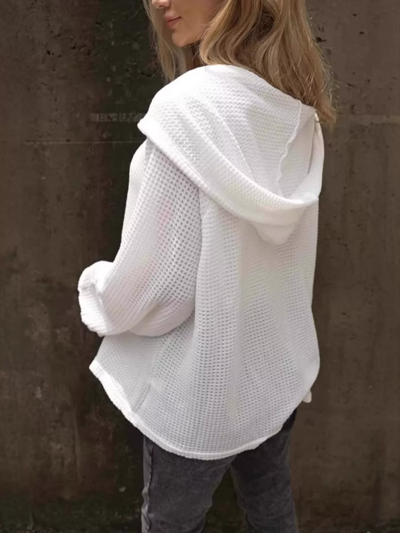 Waffle Knit Hoodie with Button Detail - Image 6