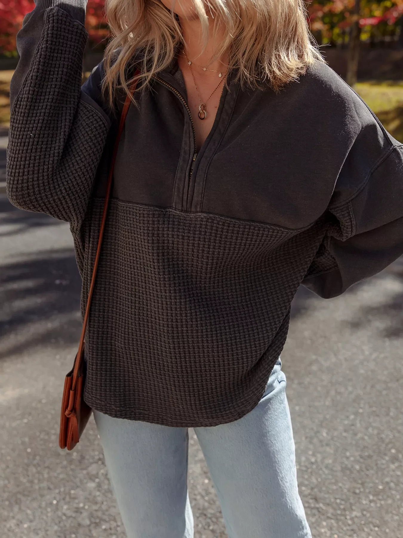 Waffle Knit Patchwork Half Zipped Casual Sweatshirt - Image 6
