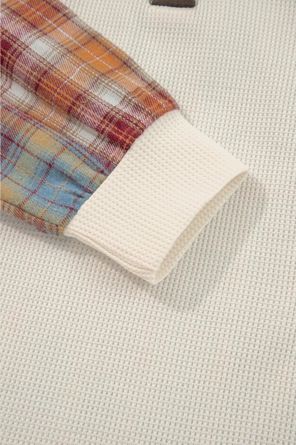Waffle Knit Plaid Patchwork Long Sleeve Blouse - Image 8