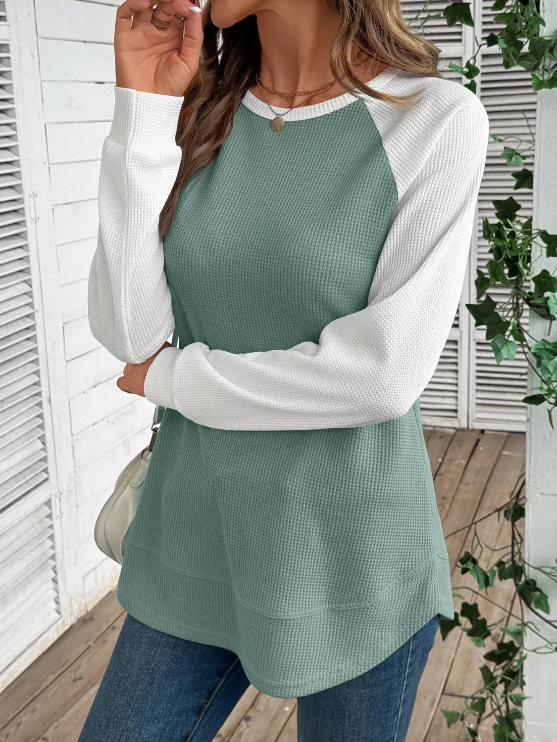 Waffle Knit Raglan Sleeve T-Shirt - Image 11