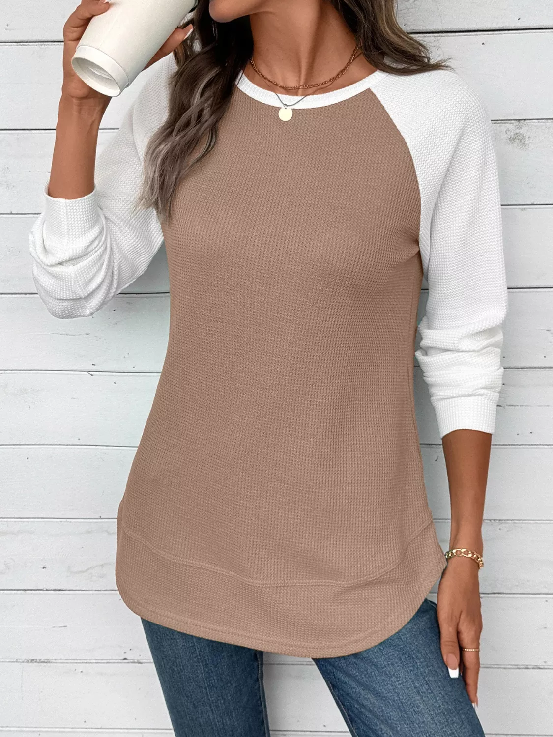 Waffle Knit Raglan Sleeve T-Shirt - Image 8