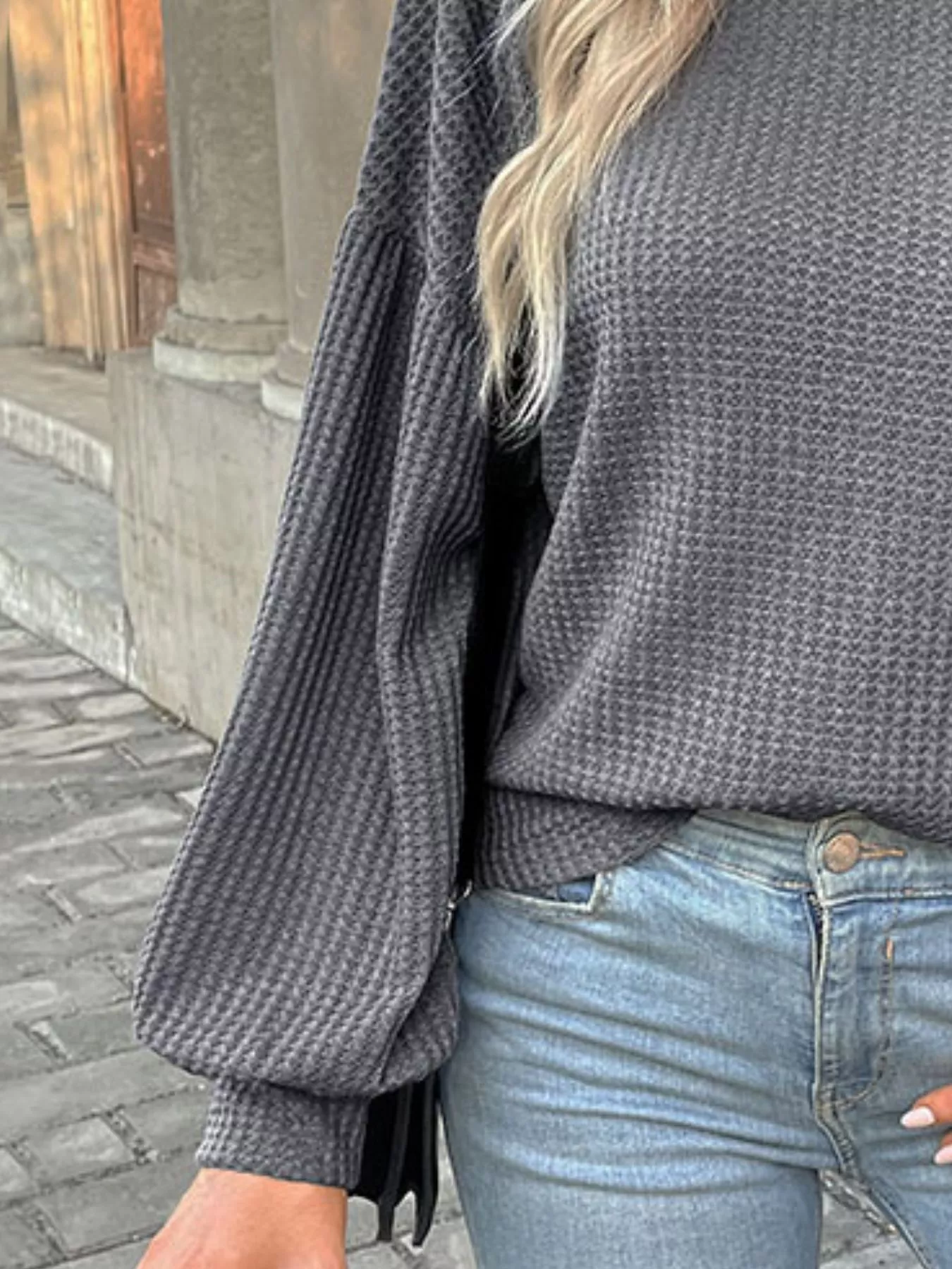 Waffle Knit Round Neck Top - Image 3