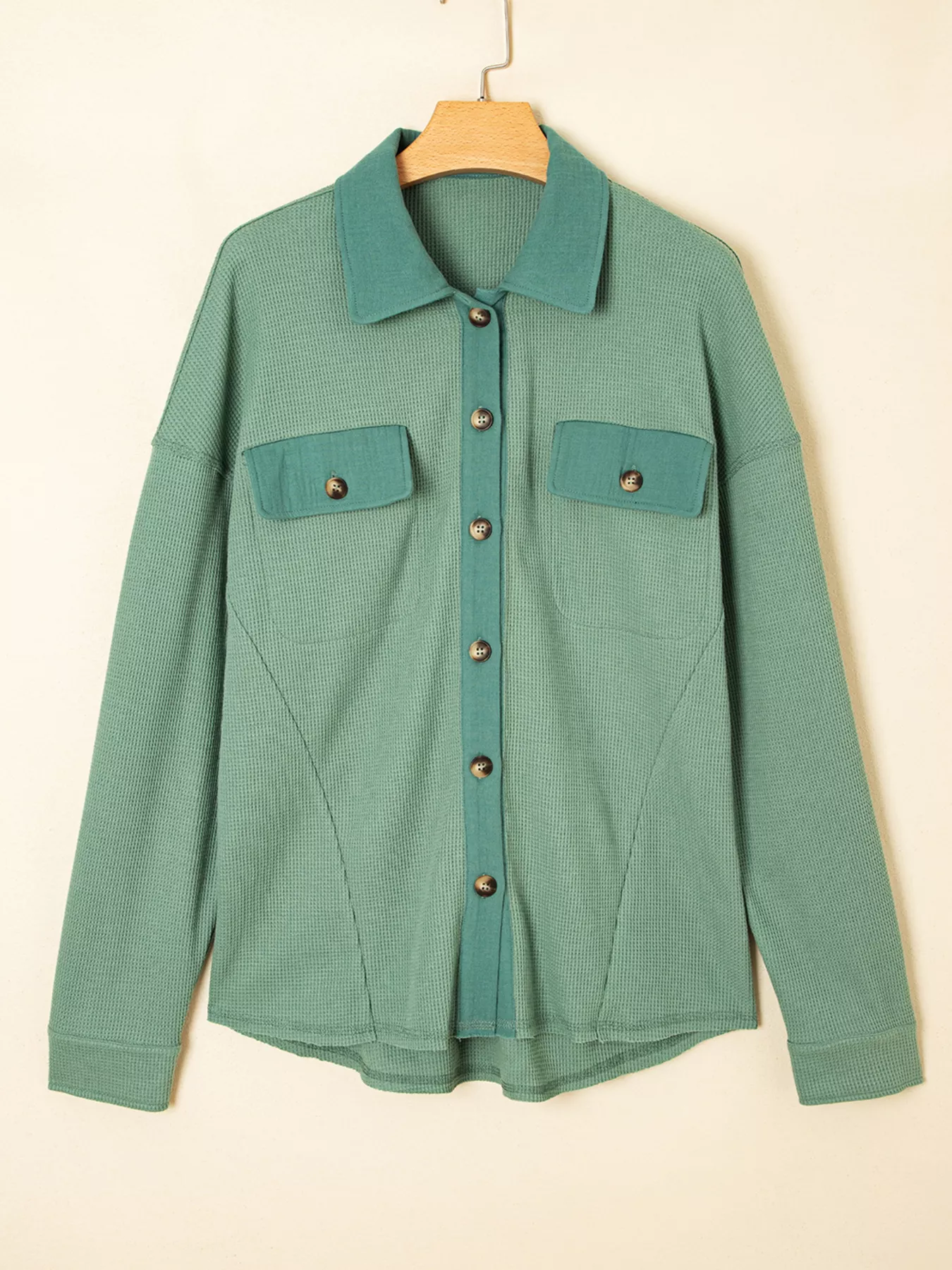 Waffle Knit Vintage Patchwork Button Up Loose Shirt - Image 3