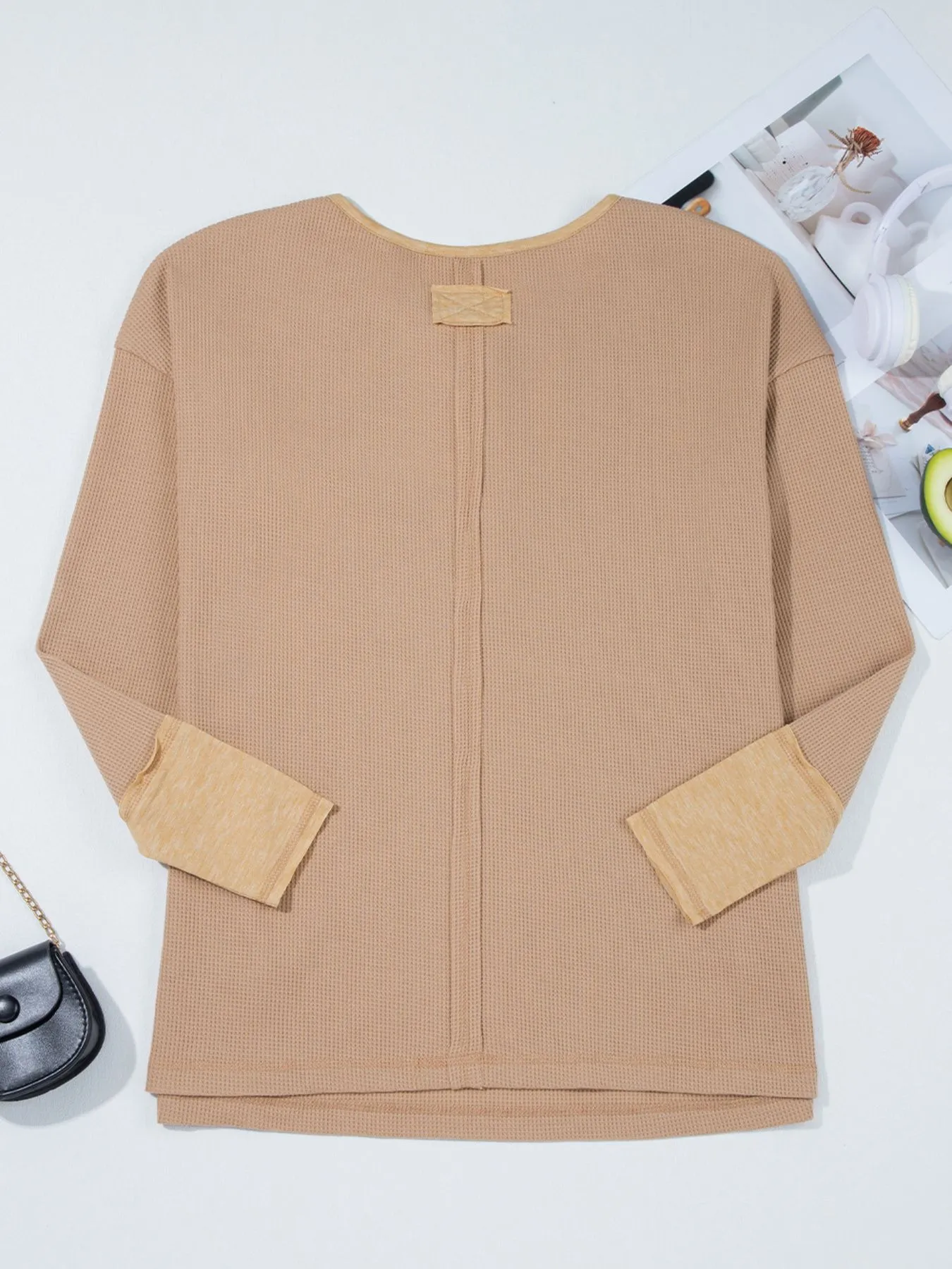 Waffle Textured Tunic Henley Top with Slits - Image 5