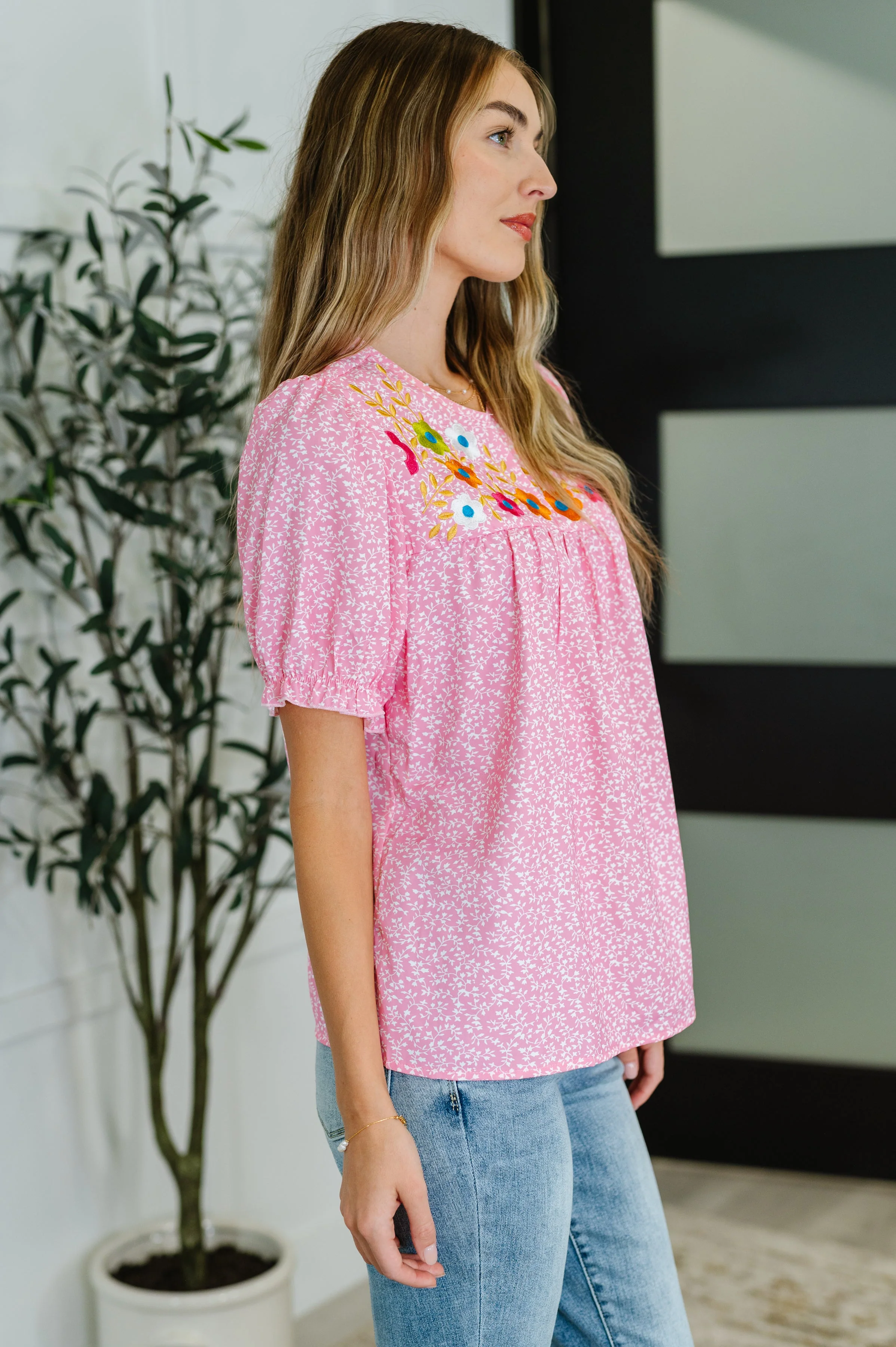 Wander Bloom Embroidered Puff Sleeve Blouse in Pink - Image 4
