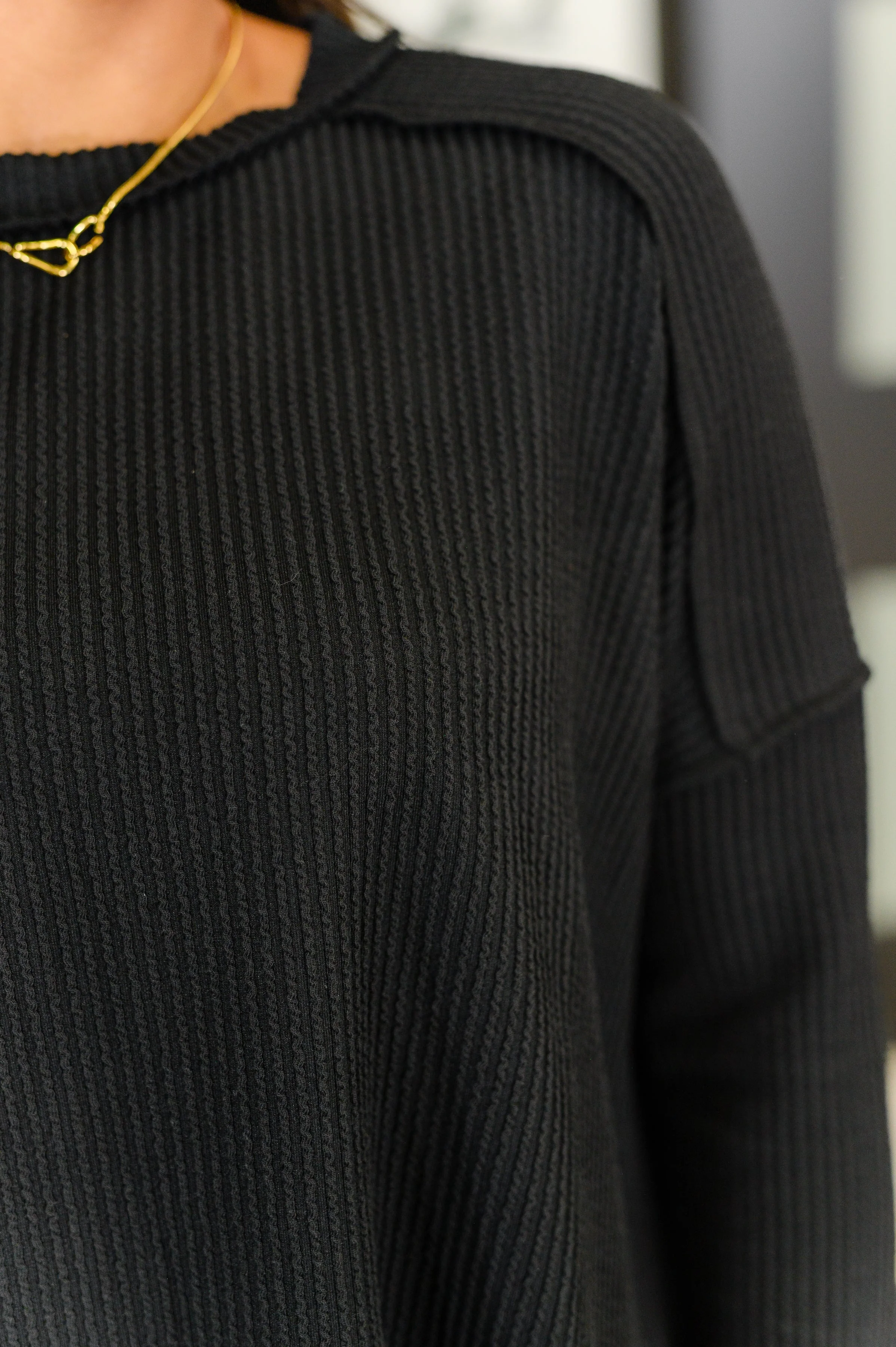 Wander & Rest Cable Ribbed Knit Drop Shoulder Top in Black - Image 2
